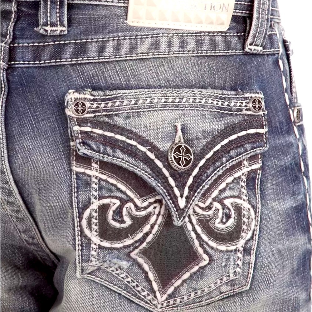 Affliction Black Premium Embroidered Distressed Blue Denim Jeans - Picture 3 of 13